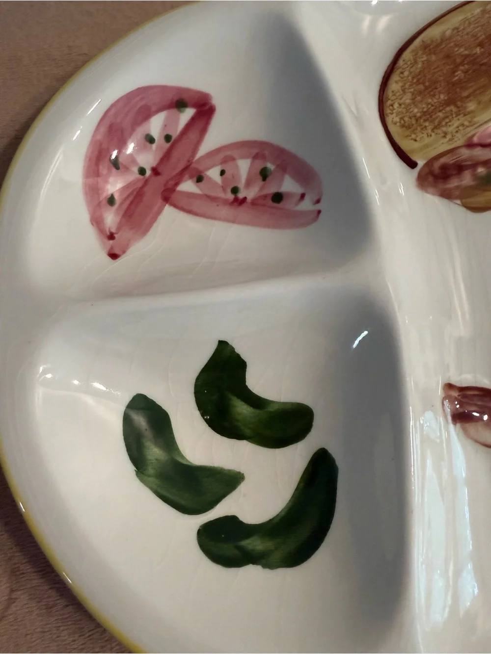Hand-Painted Ceramic Divided Serving Platter in White with Multicolor Food Motif